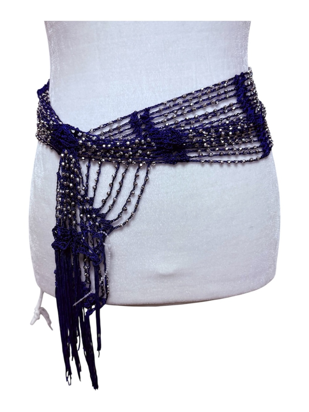 Blue Rhinestone Loose Crochet Punk Fringe Belt Shawl Scarf Headband Viscose NWOT